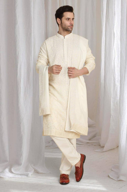 Mehfil Cotton Embroidery Thread Kurta And Dupatta Set - Cream