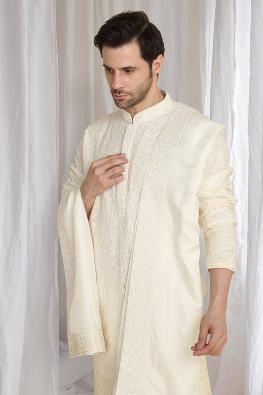 Mehfil Cotton Embroidery Thread Kurta And Dupatta Set - Cream