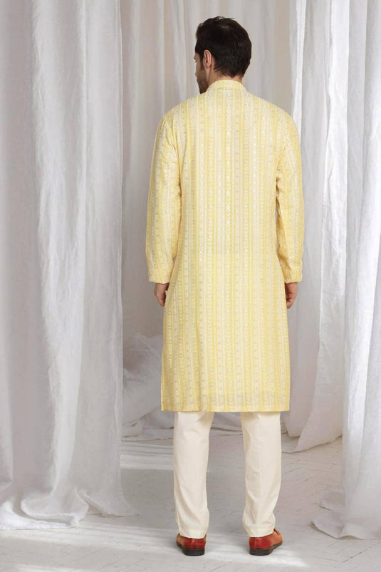 Prafull Yellow Cotton Embroidery Pastel Kurta Set