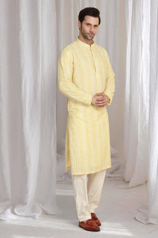 Prafull Yellow Cotton Embroidery Pastel Kurta Set
