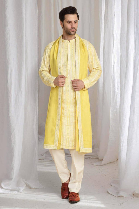 Prafull Yellow Cotton Embroidery Pastel Kurta Set
