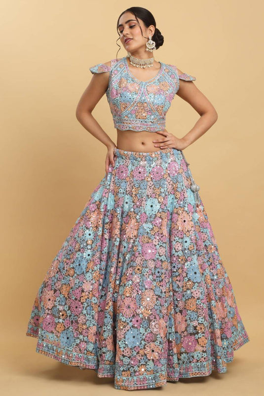 Bahaara  Thread And Mirror Embroidered Layered Lehenga Set