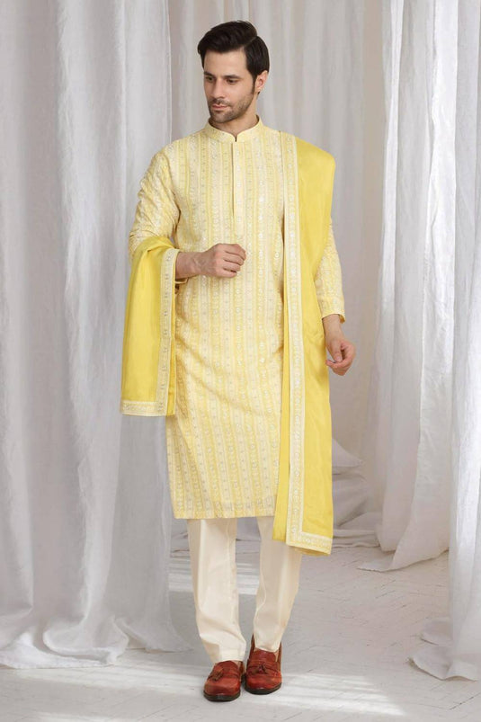 Prafull Yellow Cotton Embroidery Pastel Kurta Set