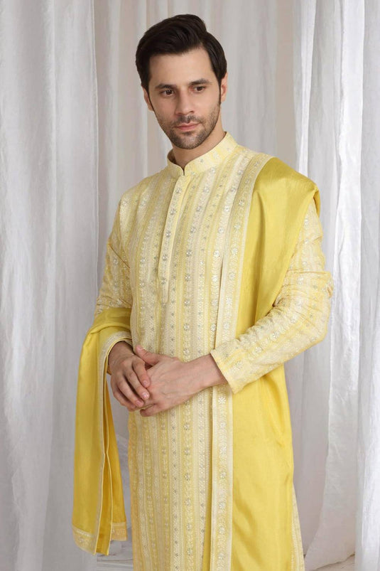 Prafull Yellow Cotton Embroidery Pastel Kurta Set