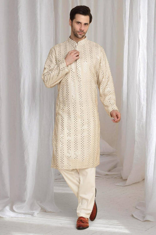 Rajaji Beige Cotton Zari Gold Thread Embroidered Kurta Set