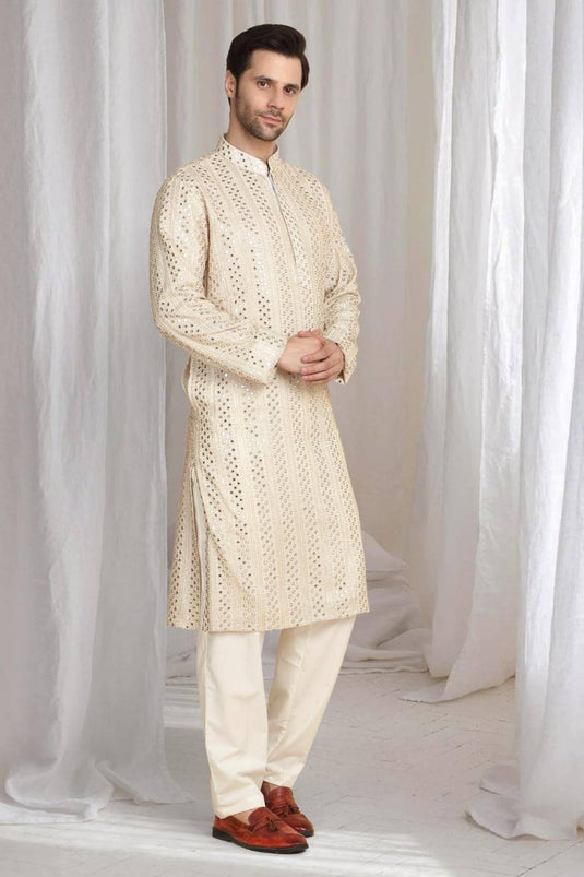 Rajaji Beige Cotton Zari Gold Thread Embroidered Kurta Set