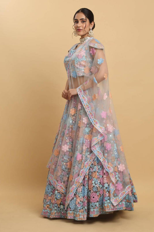 Bahaara  Thread And Mirror Embroidered Layered Lehenga Set