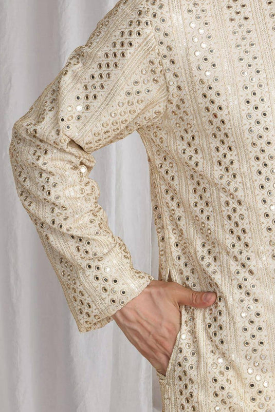 Rajaji Beige Cotton Zari Gold Thread Embroidered Kurta Set