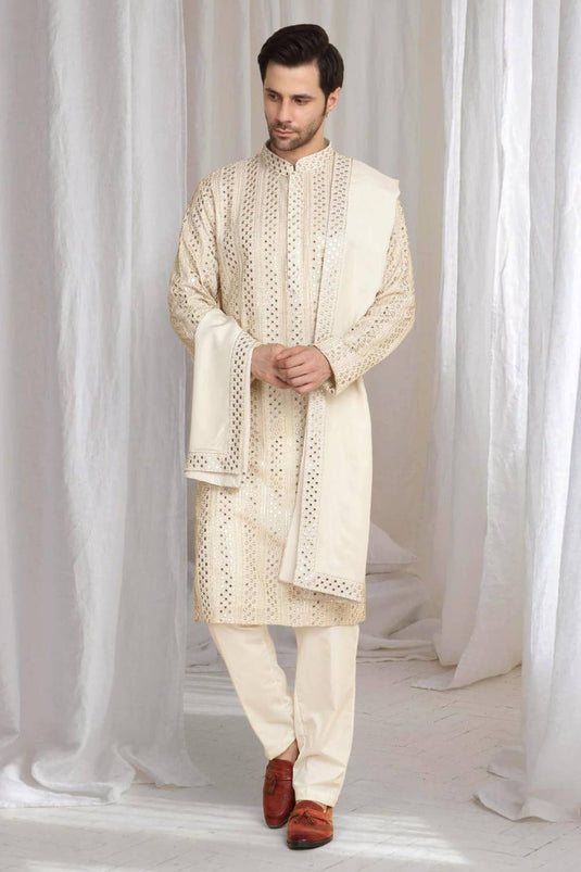 Rajaji Beige Cotton Zari Gold Thread Embroidered Kurta Set