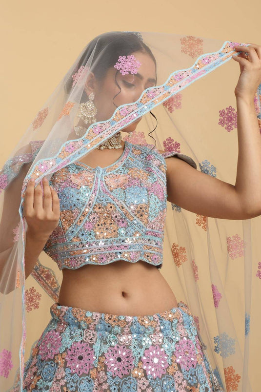 Bahaara  Thread And Mirror Embroidered Layered Lehenga Set