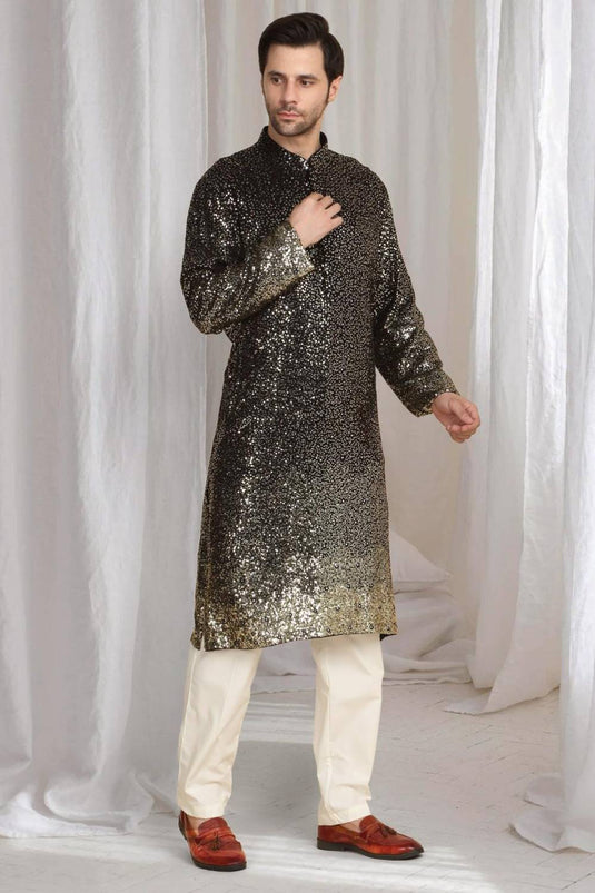 Sequins Ombre Embroidered Kurta Dupatta Set - Black