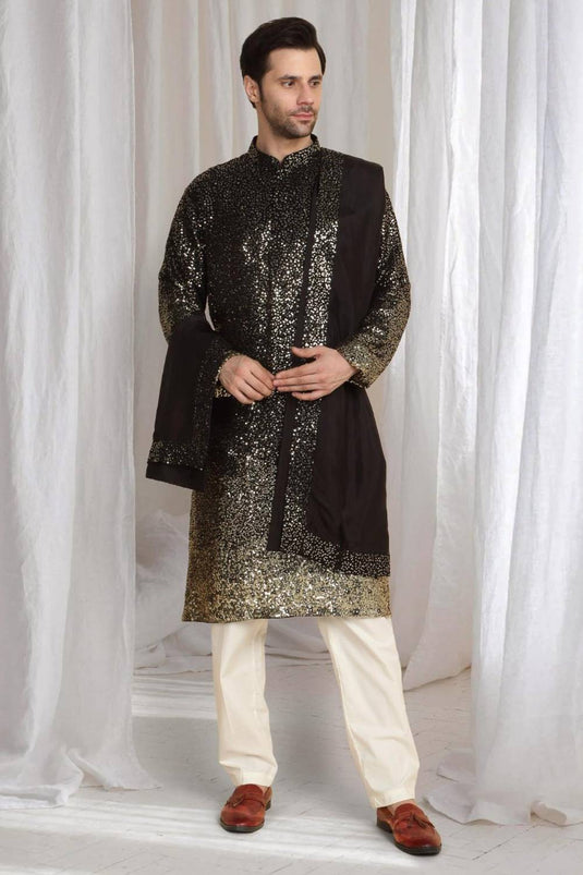 Sequins Ombre Embroidered Kurta Dupatta Set - Black
