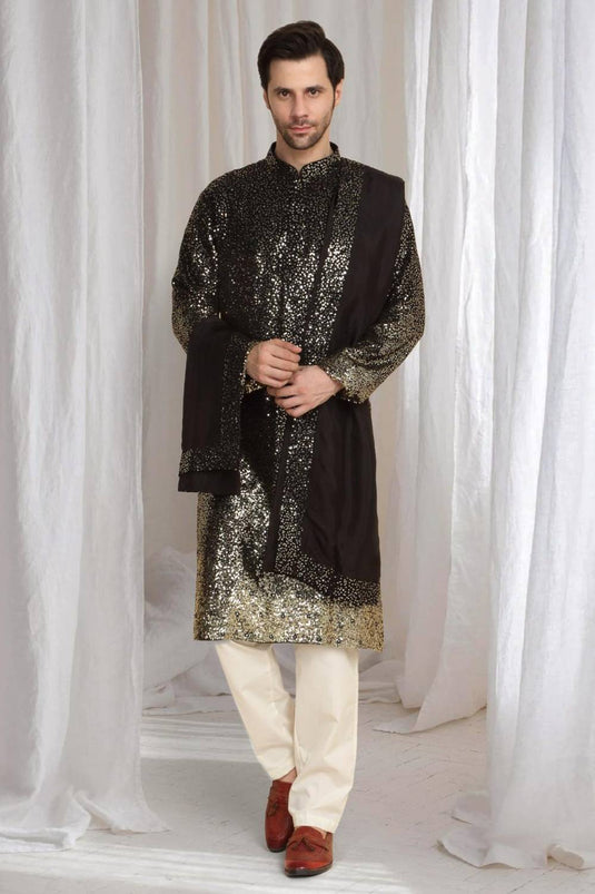 Sequins Ombre Embroidered Kurta Dupatta Set - Black