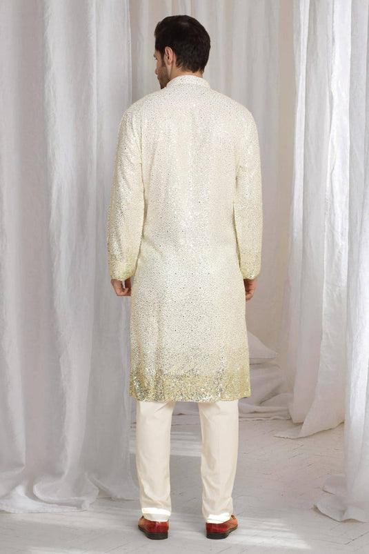 Sequins Ombre Embroidered Kurta Dupatta Set - Cream