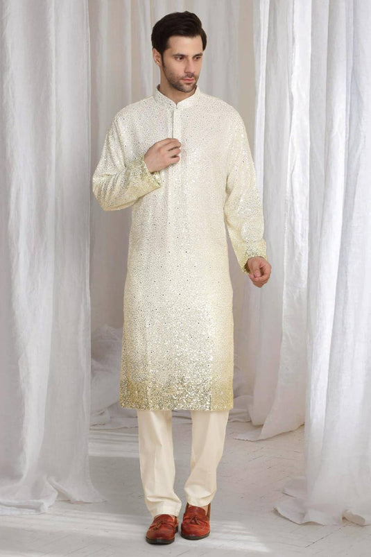 Sequins Ombre Embroidered Kurta Dupatta Set - Cream