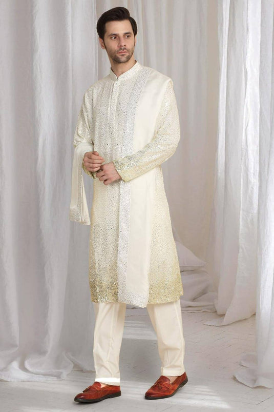 Sequins Ombre Embroidered Kurta Dupatta Set - Cream