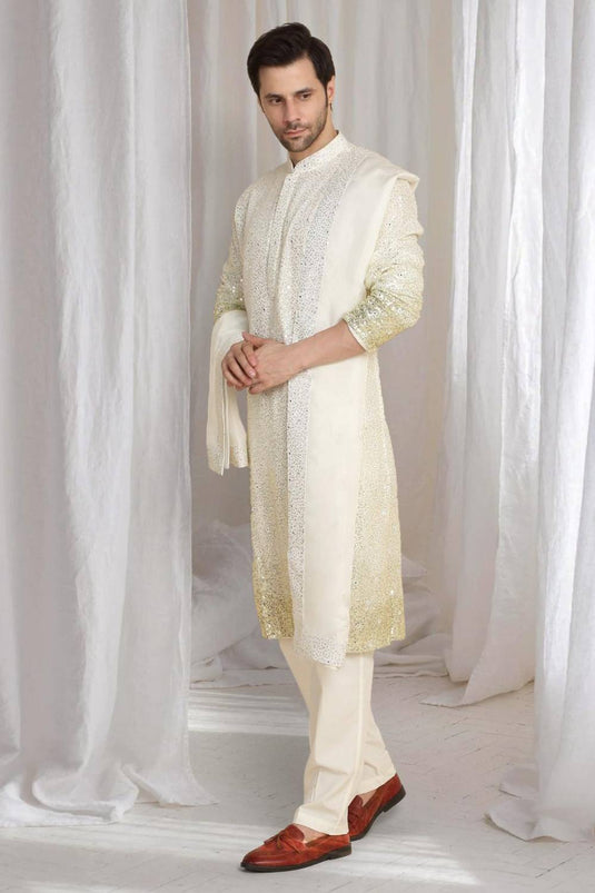 Sequins Ombre Embroidered Kurta Dupatta Set - Cream