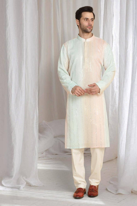 Ambar Ombre Embroidered Kurta Dupatta Set - Coral Sea Green