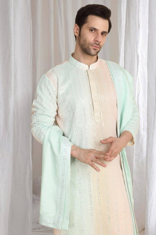 Ambar Ombre Embroidered Kurta Dupatta Set - Coral Sea Green