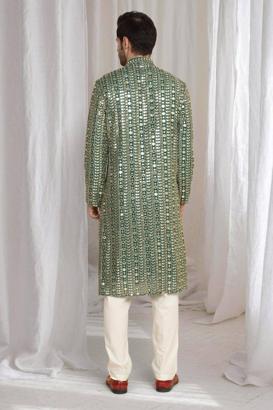 Festive Green Golden Thread Embroidered Kurta Dupatta Set