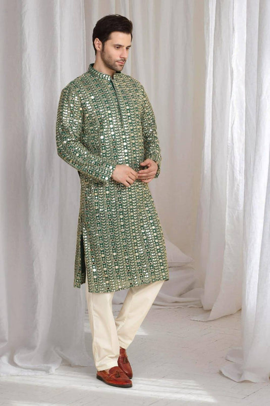 Festive Green Golden Thread Embroidered Kurta Dupatta Set