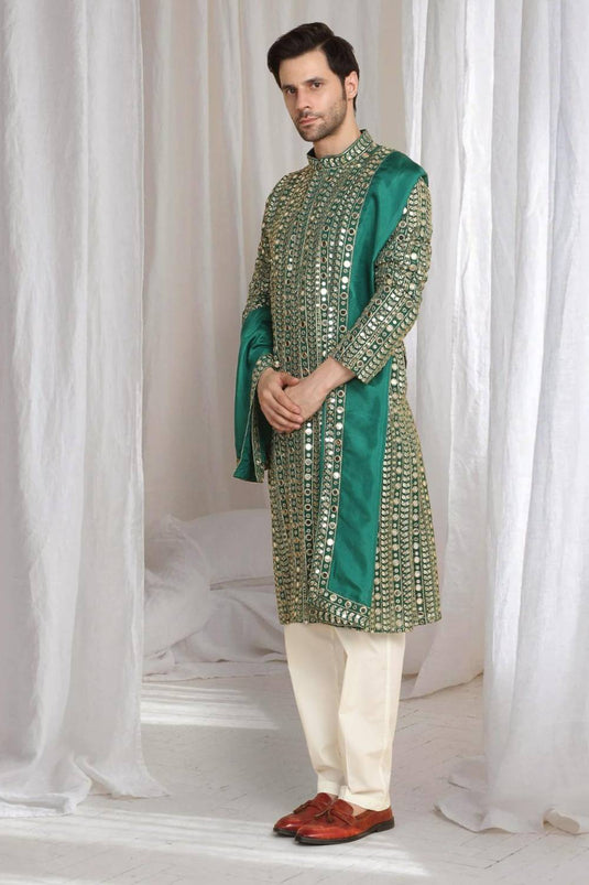 Festive Green Golden Thread Embroidered Kurta Dupatta Set