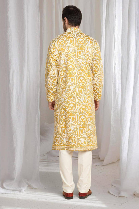 Aham Flora Thread Embroidered Kurta Set - Festive Yellow