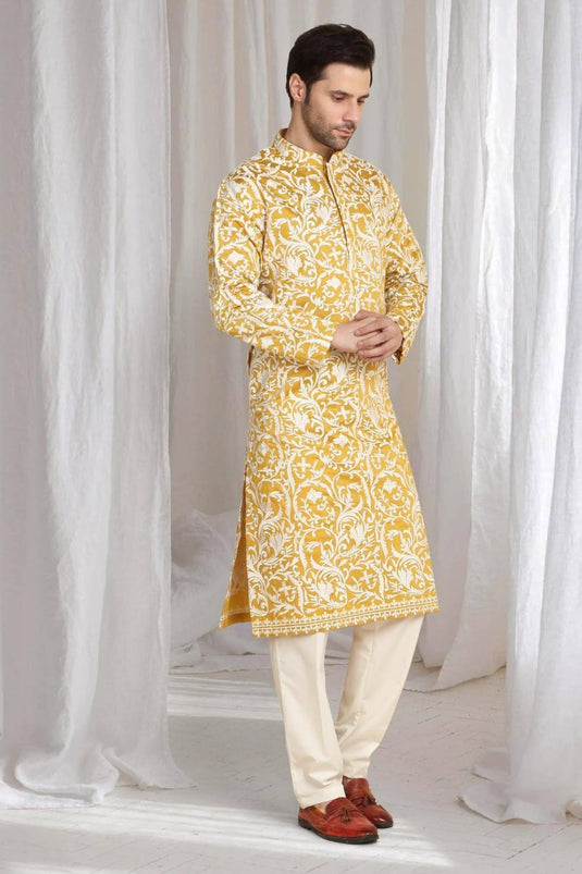 Aham Flora Thread Embroidered Kurta Set - Festive Yellow