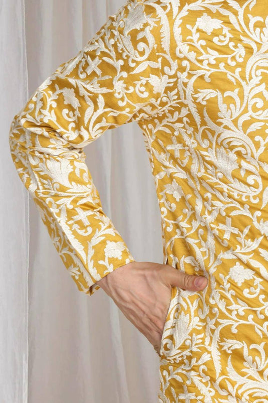 Aham Flora Thread Embroidered Kurta Set - Festive Yellow