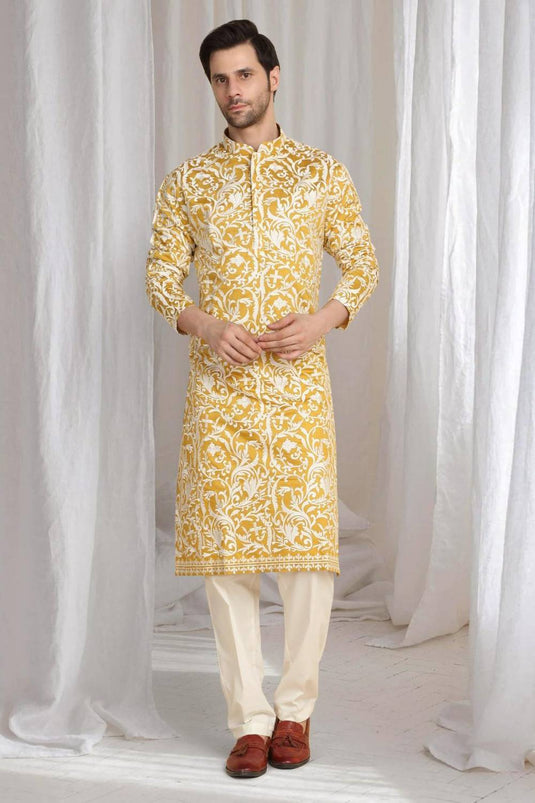 Aham Flora Thread Embroidered Kurta Set - Festive Yellow