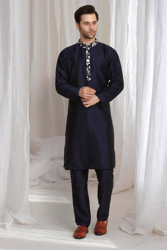 Pushp Floral Embroidered Jacket Kurta Pant Set - Navy Blue