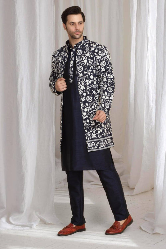 Pushp Floral Embroidered Jacket Kurta Pant Set - Navy Blue