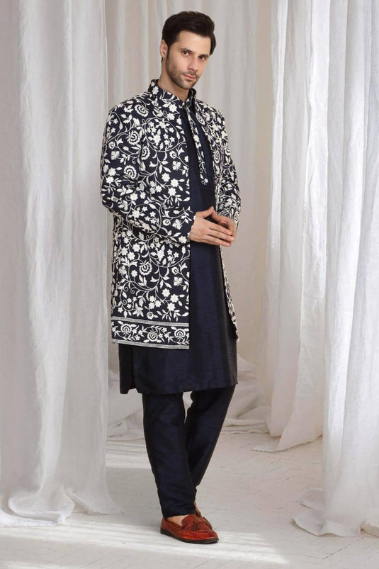 Pushp Floral Embroidered Jacket Kurta Pant Set - Navy Blue