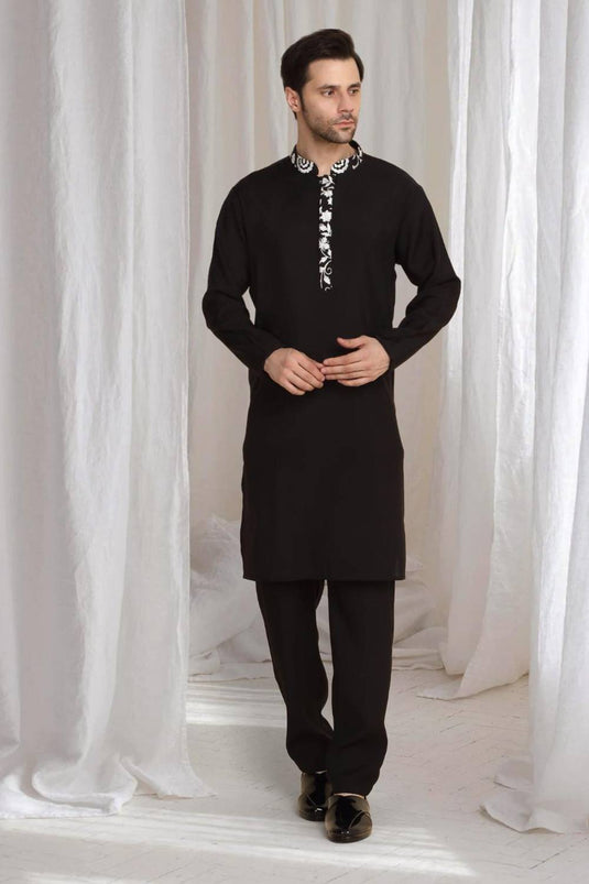 Pushp Floral Embroidered Jacket Kurta Pant Set - Black