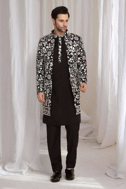Pushp Floral Embroidered Jacket Kurta Pant Set - Black