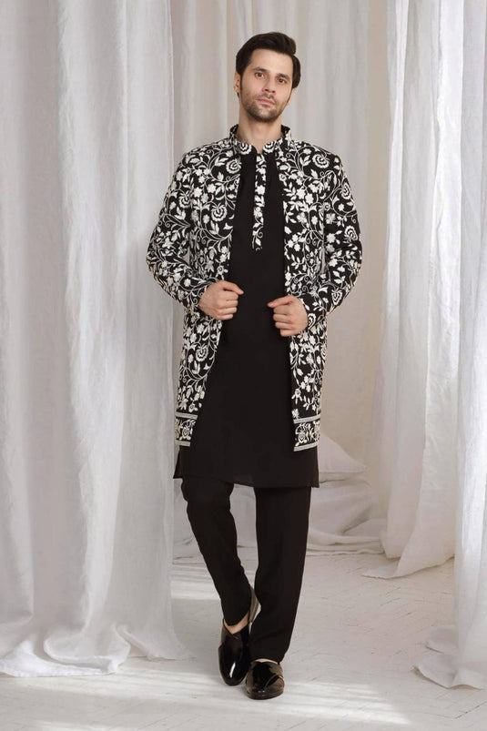 Pushp Floral Embroidered Jacket Kurta Pant Set - Black