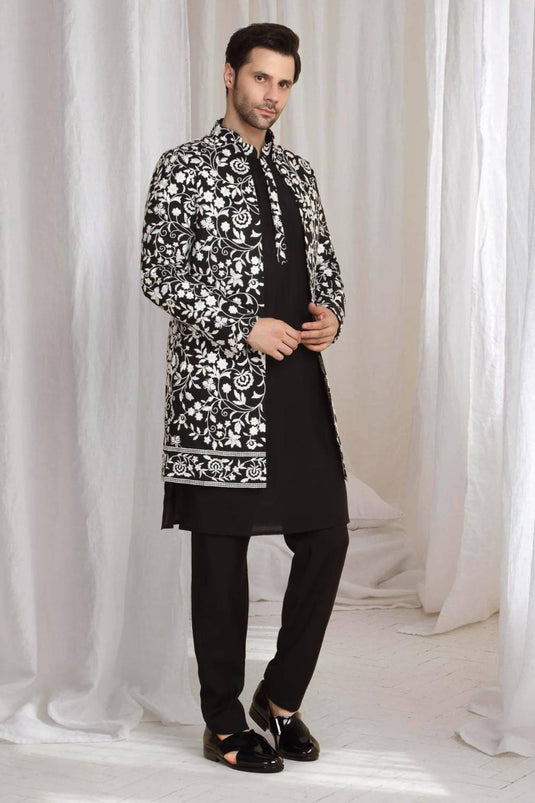 Pushp Floral Embroidered Jacket Kurta Pant Set - Black
