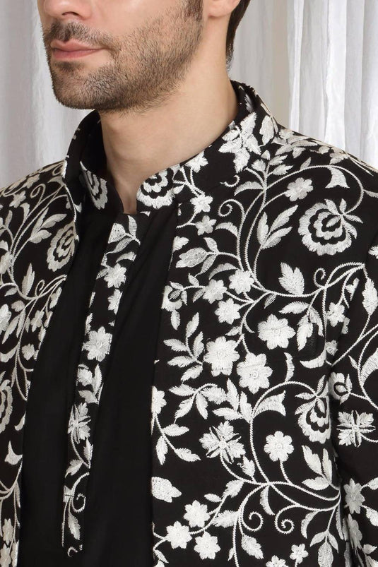 Pushp Floral Embroidered Jacket Kurta Pant Set - Black