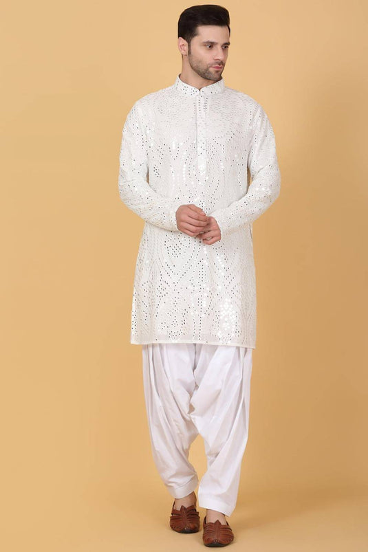 Jahaan Mirror Embroidery Work Kurta Set - White