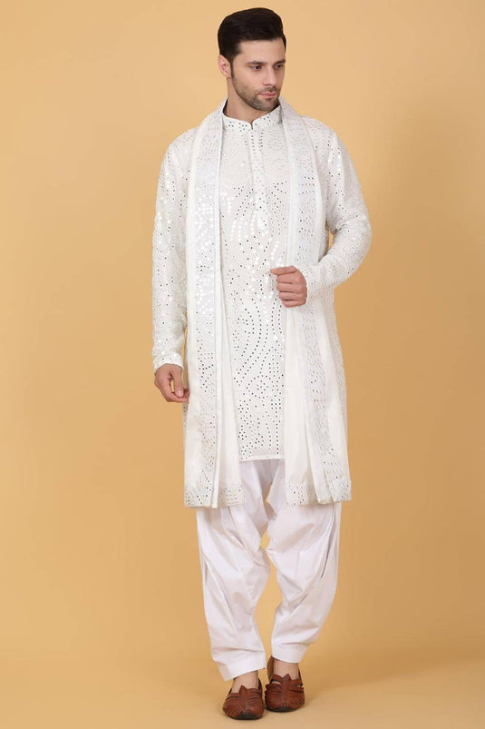 Jahaan Mirror Embroidery Work Kurta Set - White