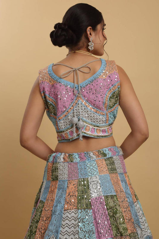 Divyam Multi Colored Thread And Mirror Embroidered Lehenga Set