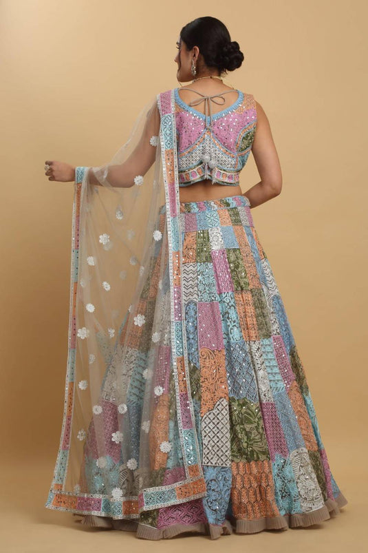 Divyam Multi Colored Thread And Mirror Embroidered Lehenga Set