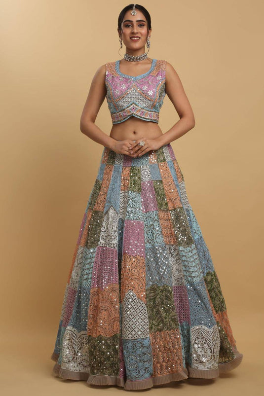 Divyam Multi Colored Thread And Mirror Embroidered Lehenga Set