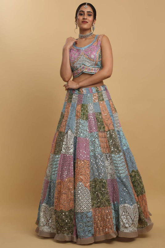 Divyam Multi Colored Thread And Mirror Embroidered Lehenga Set