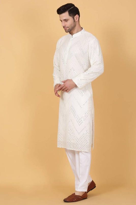 White Cotton Mirror Embroidery Zig Zag Kurta Set