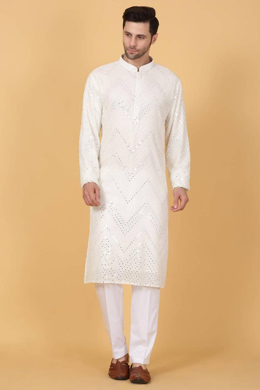 White Cotton Mirror Embroidery Zig Zag Kurta Set