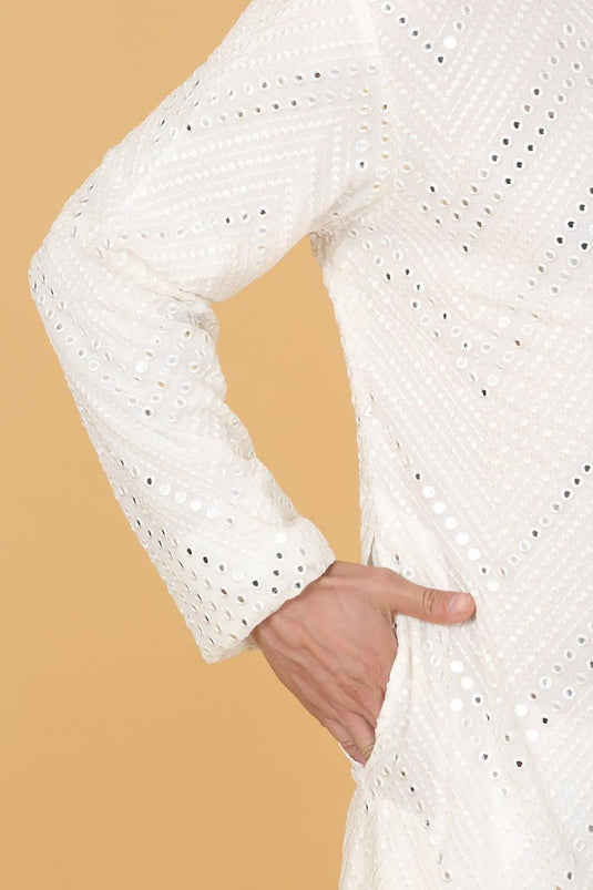 White Cotton Mirror Embroidery Zig Zag Kurta Set