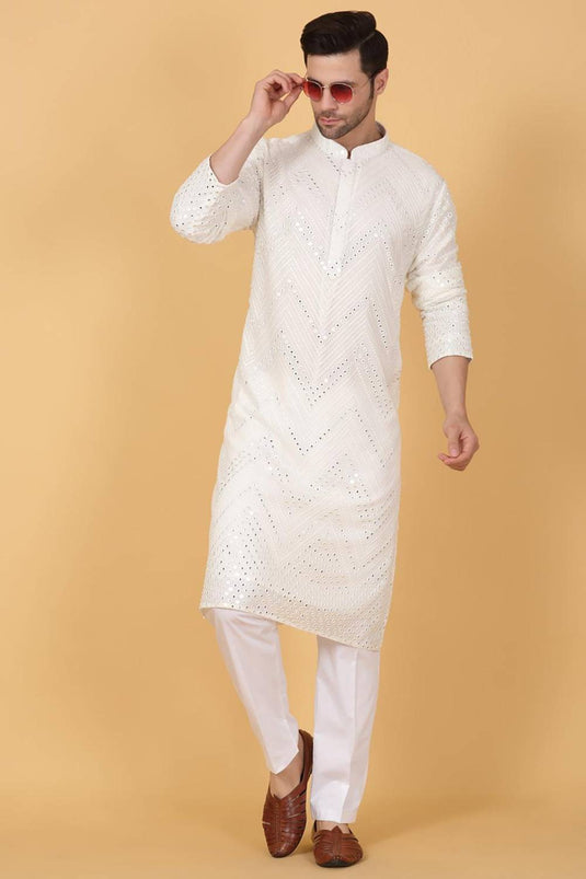 White Cotton Mirror Embroidery Zig Zag Kurta Set