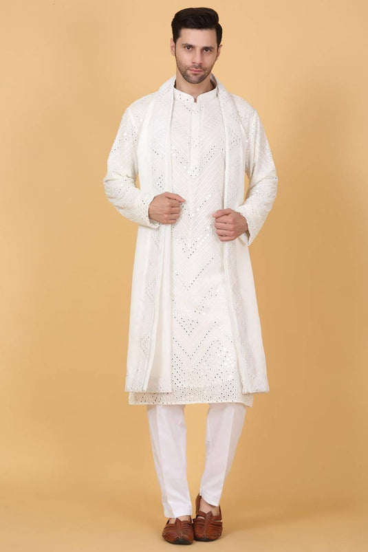 White Cotton Mirror Embroidery Zig Zag Kurta Set