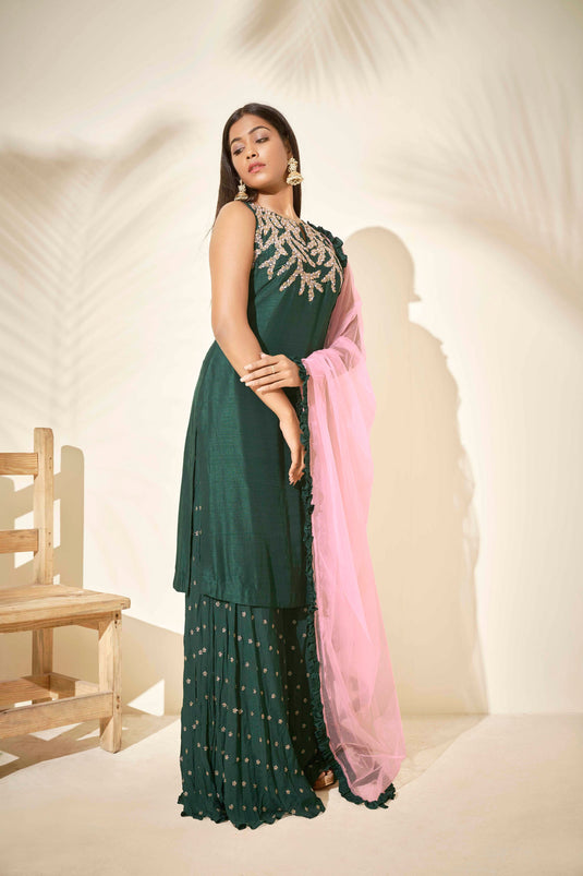 Bottle Green Embroidered Flared Sharara Set